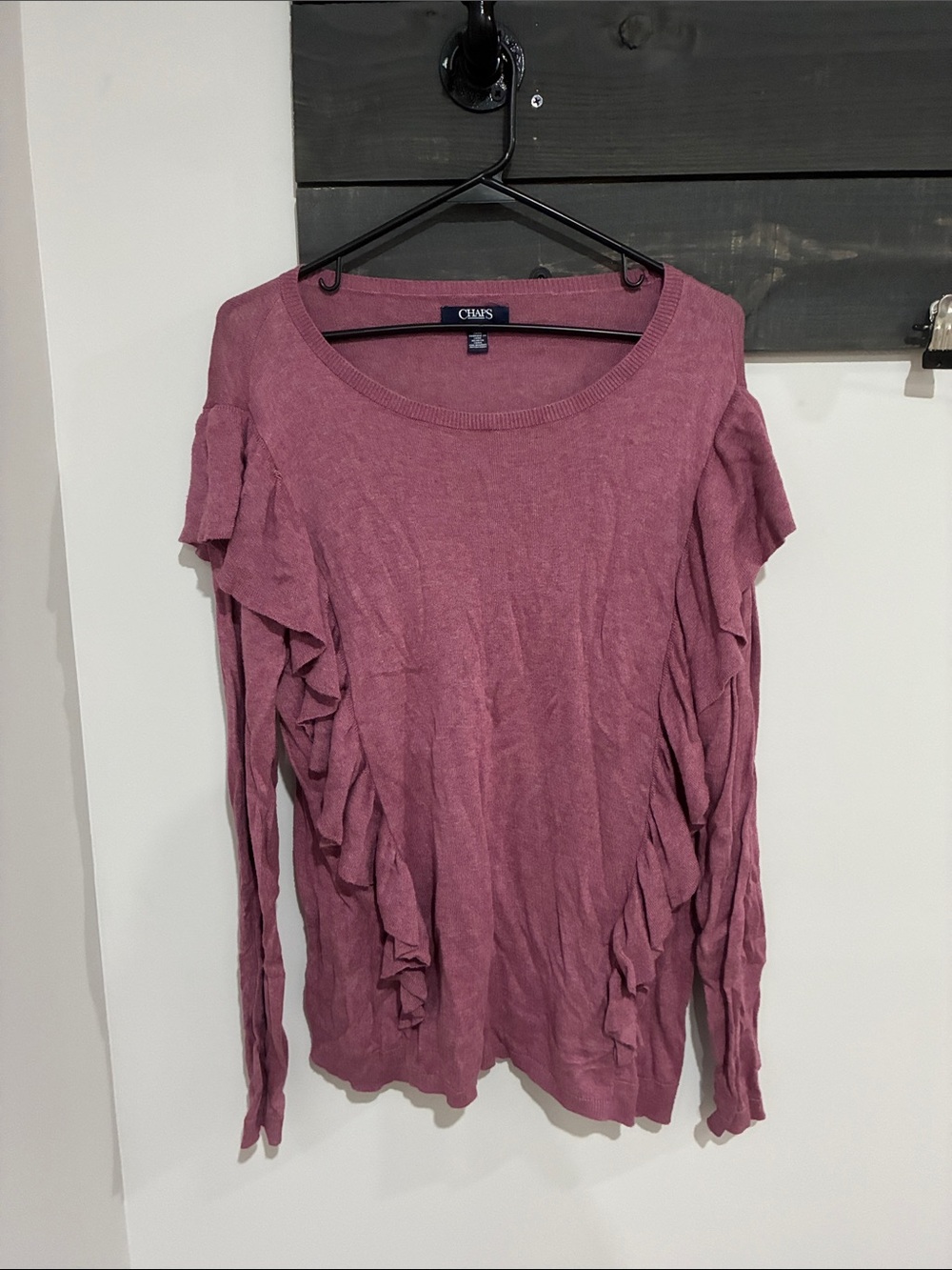 Chaps Dusty Rose Ruffle-Trim Long Sleeve Top